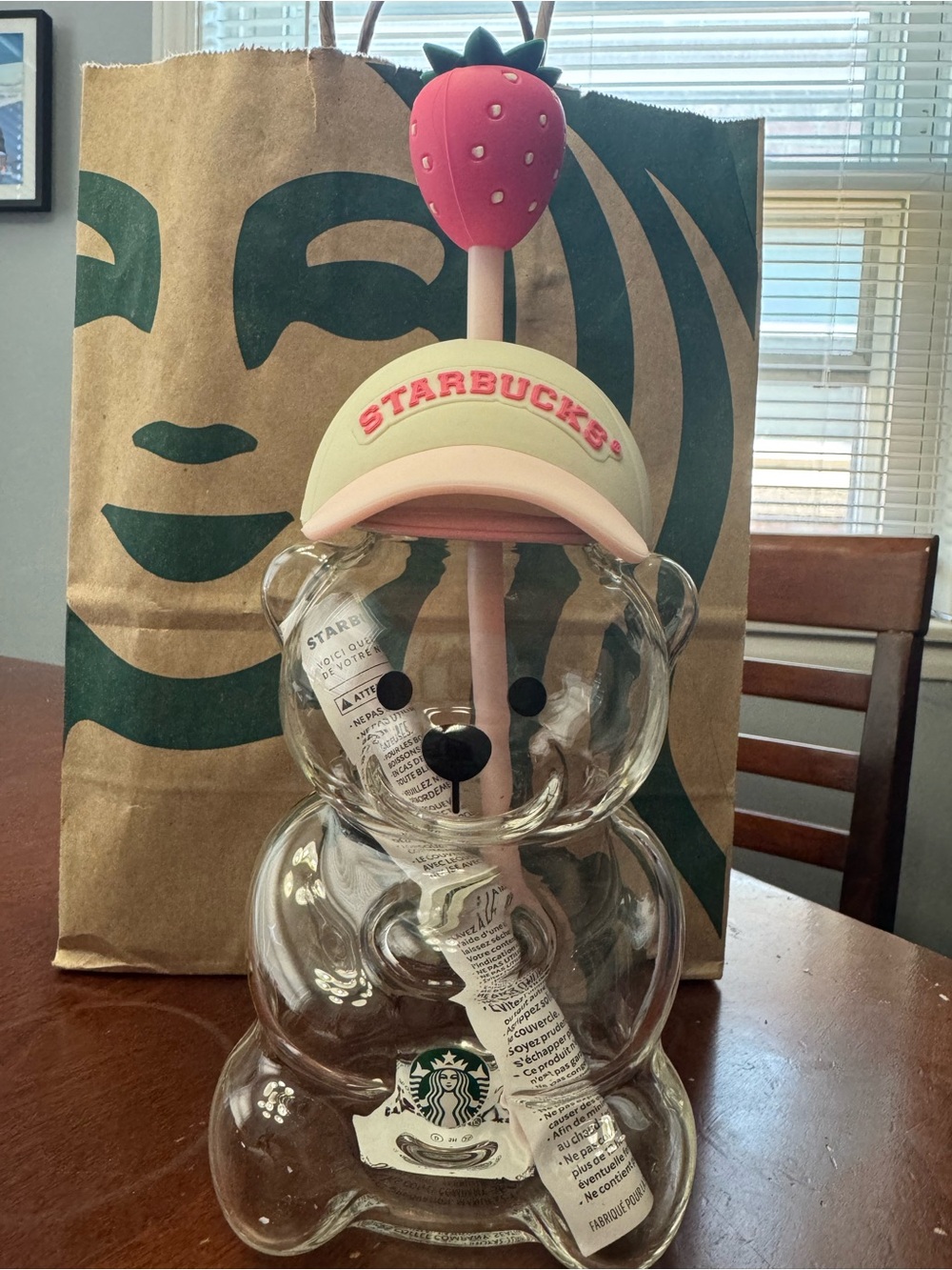 Starbucks Clear Bear Tumbler with Pink Straw, Pink Hat & Strawberry Topper